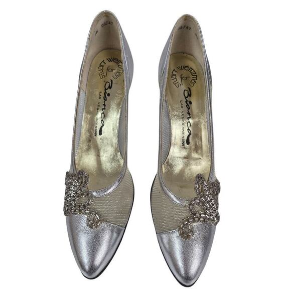 VTG NEW 80s Stuart Weitzman for Bianca Las Vegas Silver Mesh Pumps Sz 7.5AA - Picture 1 of 7